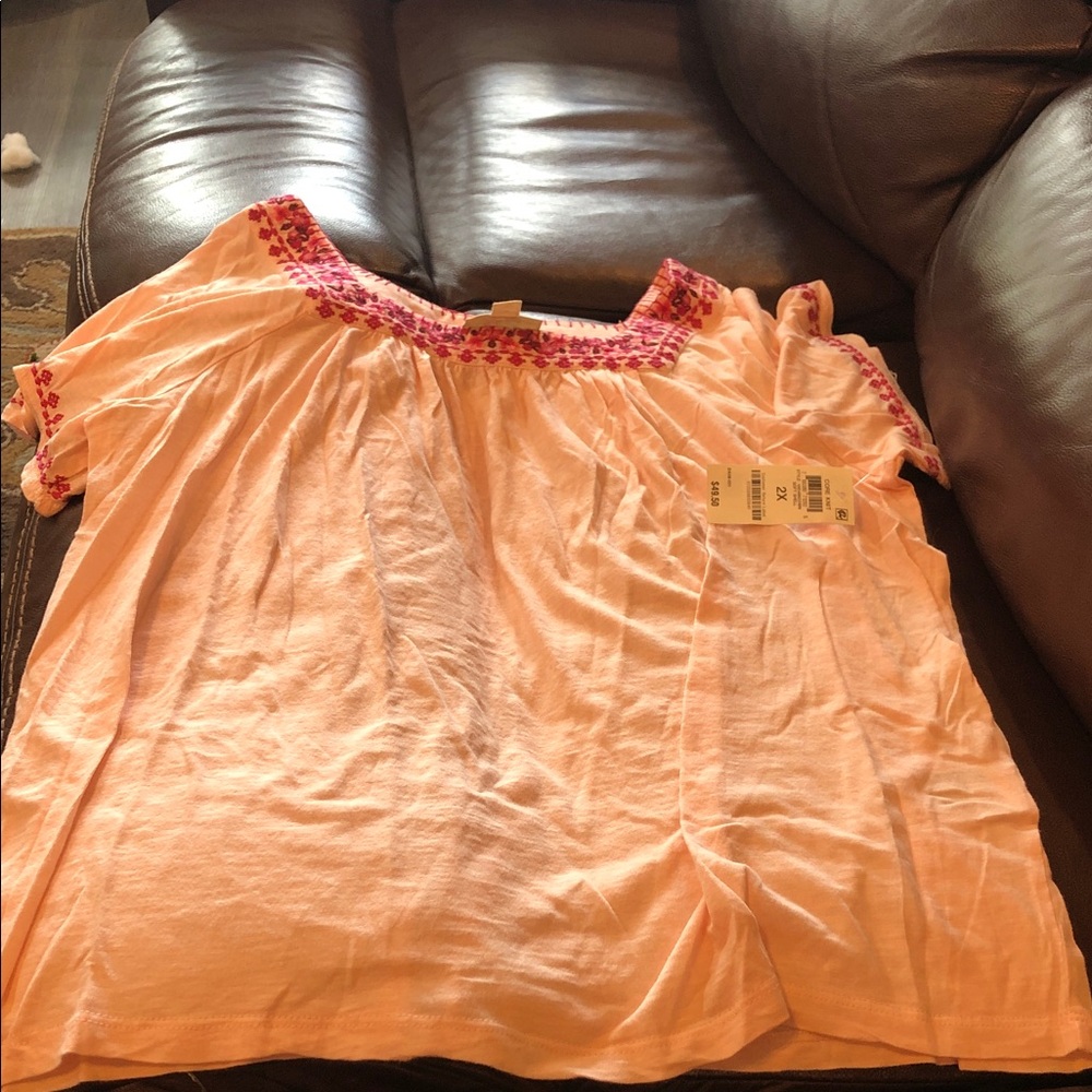 Peach Embroidered Boho Top with Pink Accent style and